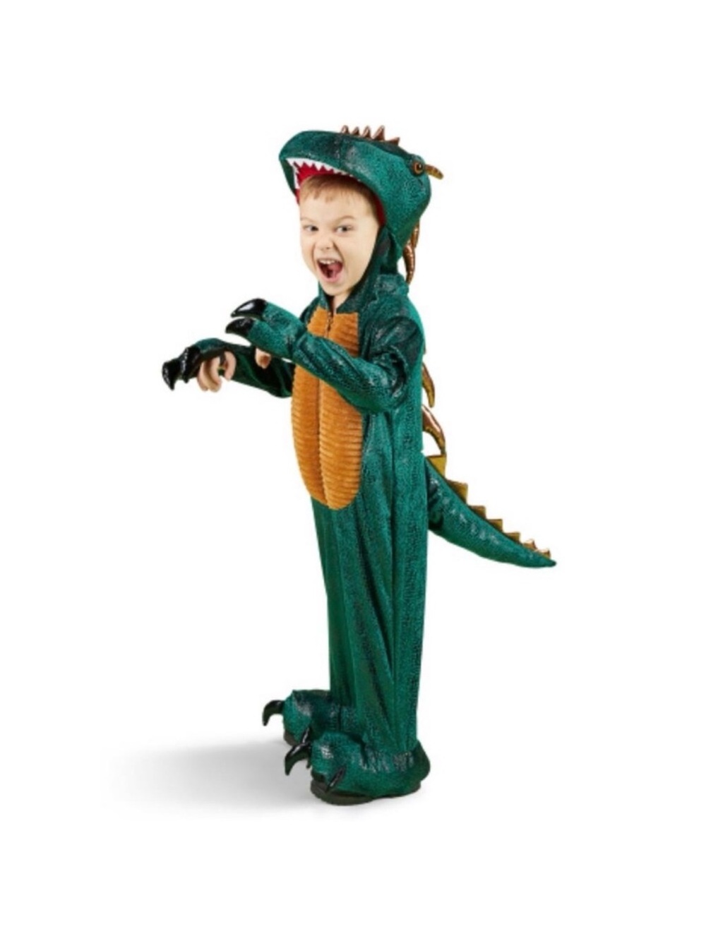 Kids Green Dinosaur Costume with Brown Belly Hood and Claws
